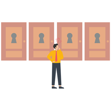 Businessman standing in front four closed doors  Illustration