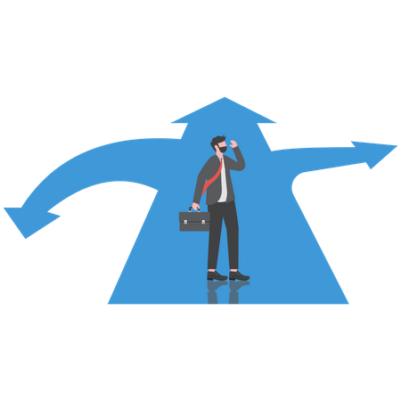 Businessman standing in front of a crossroad with road split in three different ways as arrows  Illustration