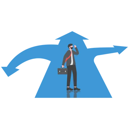Businessman standing in front of a crossroad with road split in three different ways as arrows  Illustration