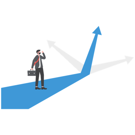 Businessman standing in front of a crossroad with road split in three different ways as arrows  Illustration