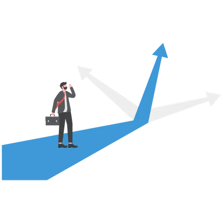 Businessman standing in front of a crossroad with road split in three different ways as arrows  Illustration