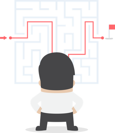 Businessman standing in front of a maze with a solution  Illustration