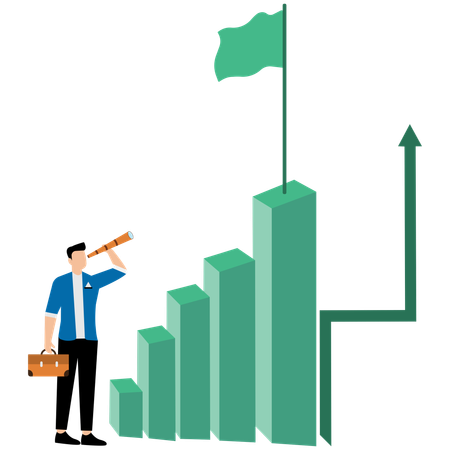 Businessman standing in front of growth chart and flag waving on highest column of chart  Illustration