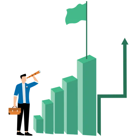 Businessman standing in front of growth chart and flag waving on highest column of chart  Illustration