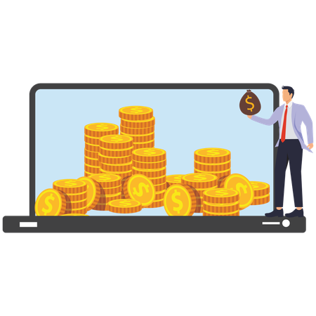 Businessman standing in front of laptop and coins inside  Illustration
