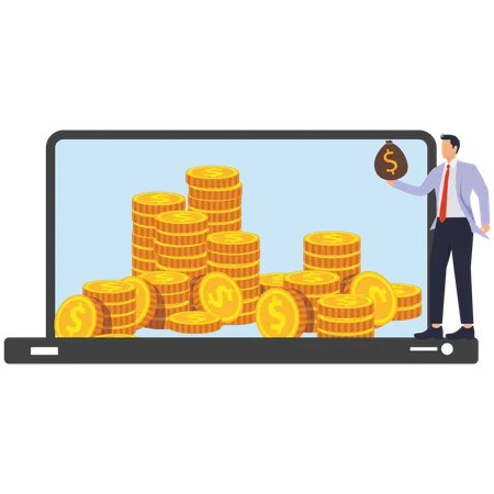 Businessman standing in front of laptop and coins inside  Illustration