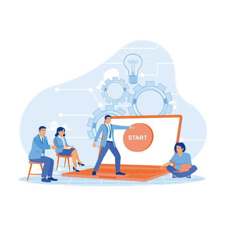 Businessman Standing In Front Of Laptop Pressing Start Button On Screen  Illustration