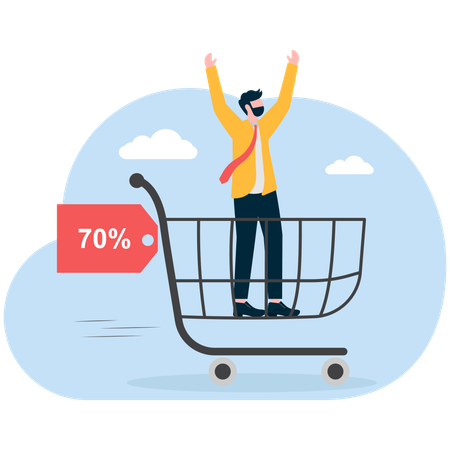 Businessman standing in shopping cart while getting shopping discount  Illustration