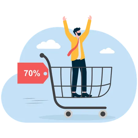 Businessman standing in shopping cart while getting shopping discount  Illustration