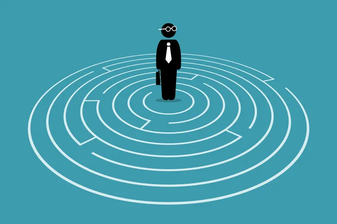 Businessman standing in the center of a maze  Illustration