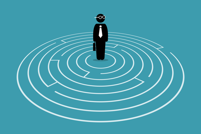 Businessman standing in the center of a maze  Illustration