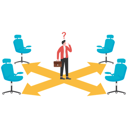 Businessman standing in the middle of four vacant office chairs  Illustration