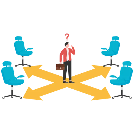 Businessman standing in the middle of four vacant office chairs  Illustration