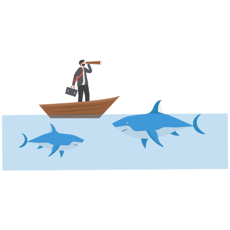 Businessman standing in the up side surrounded by sharks  イラスト