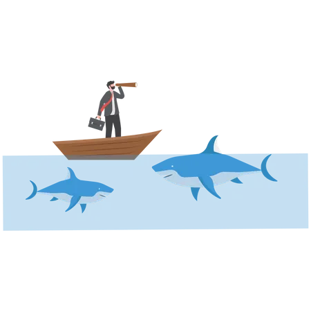 Businessman standing in the up side surrounded by sharks  Illustration
