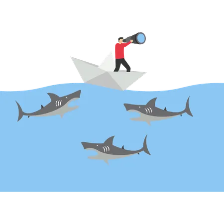 Businessman standing In Up Side Down with team surrounded by sharks  Illustration