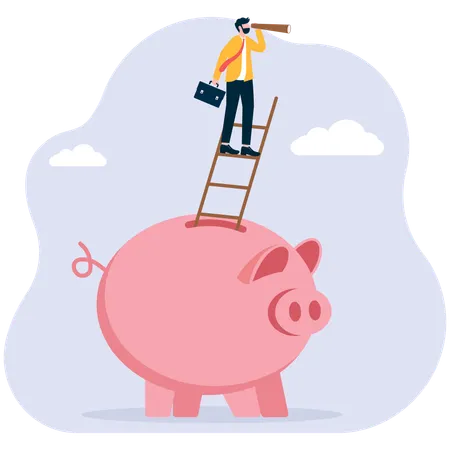 Businessman standing inside ladder with piggy bank and holding binoculars  Illustration