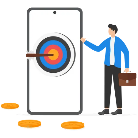 Businessman standing near big smartphone with mobile strategy  Illustration