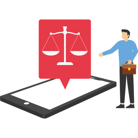 Businessman standing near big smartphone with online legal help  Illustration