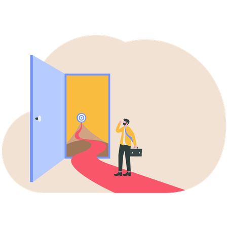 Businessman standing near business opportunity door  Illustration