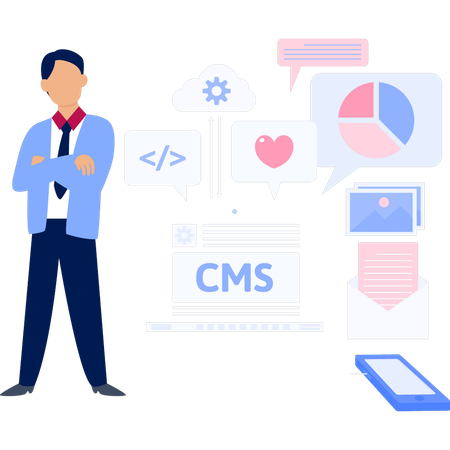 CMS 파일 근처에 서 있는 사업가  일러스트레이션