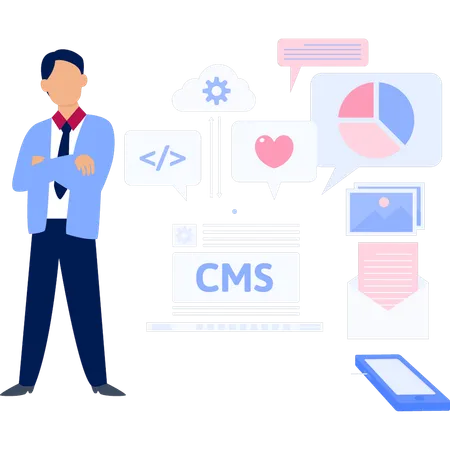 CMS 파일 근처에 서 있는 사업가  일러스트레이션