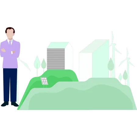 Businessman standing near wind mill  Illustration