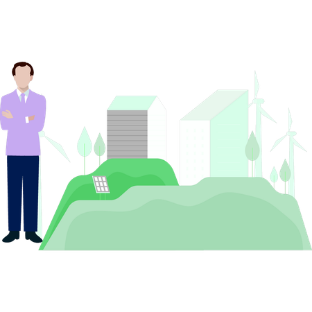 Businessman standing near wind mill  Illustration