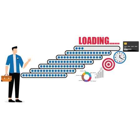 Businessman standing next to progress bar of skills which loading more  Illustration