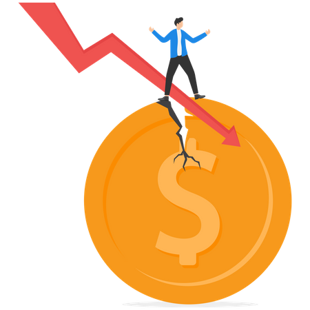 Businessman standing on a cracking dollar  Illustration