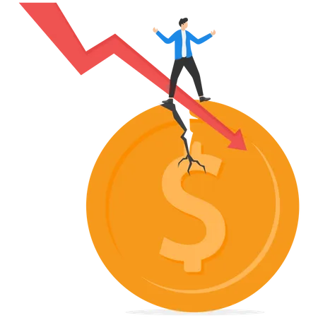 Businessman standing on a cracking dollar  Illustration