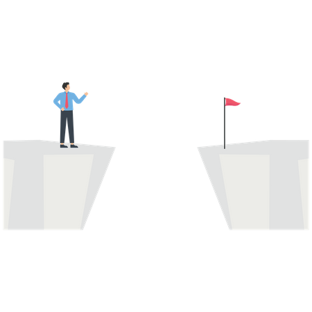 Businessman standing on a mountain cliff and looking red flag in opposite side  イラスト