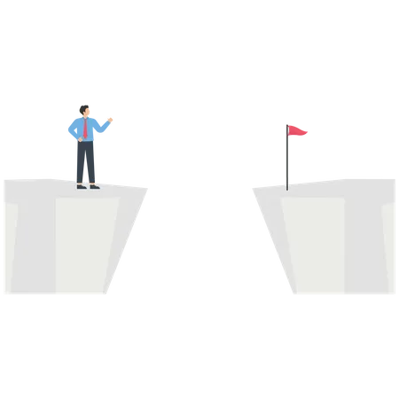 Businessman standing on a mountain cliff and looking red flag in opposite side  イラスト