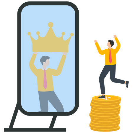 Businessman standing on a pile of gold coins cheering and looking at himself in the mirror wearing a crown  Illustration
