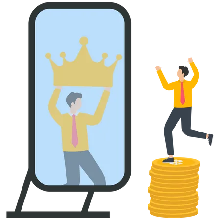 Businessman standing on a pile of gold coins cheering and looking at himself in the mirror wearing a crown  Illustration