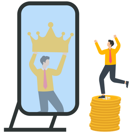 Businessman standing on a pile of gold coins cheering and looking at himself in the mirror wearing a crown  Illustration