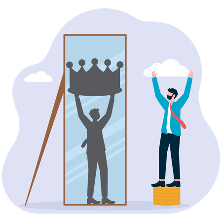 Businessman standing on a pile of gold coins cheering and looking at himself in the mirror wearing a crown  Illustration