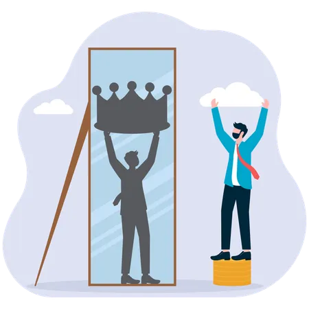 Businessman standing on a pile of gold coins cheering and looking at himself in the mirror wearing a crown  Illustration