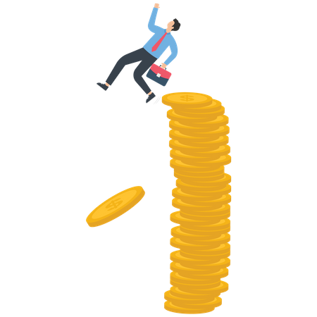 Businessman standing on a pile of shaking gold coins  イラスト