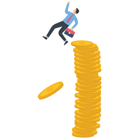 Businessman standing on a pile of shaking gold coins  Illustration