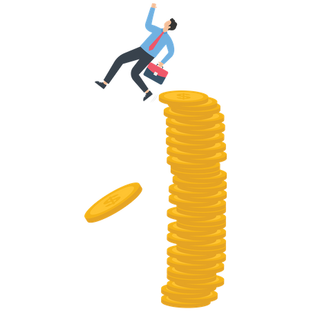 Businessman standing on a pile of shaking gold coins  Illustration