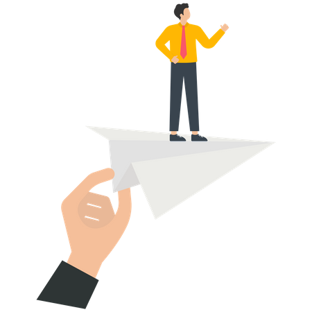 Businessman standing on a red paper airplane with a helping hand  イラスト