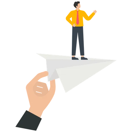 Businessman standing on a red paper airplane with a helping hand  イラスト