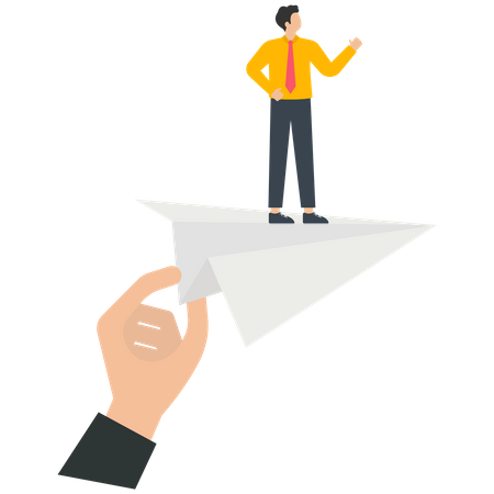 Businessman standing on a red paper airplane with a helping hand  Illustration