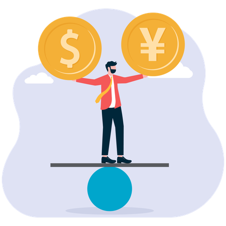 Businessman standing on a seesaw with open hands to keep the dollar and Chinese currency symbols on the hands in balance  Illustration