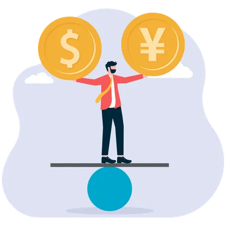 Businessman standing on a seesaw with open hands to keep the dollar and Chinese currency symbols on the hands in balance  Illustration