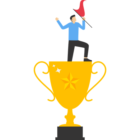 Businessman standing on a winners pedestal with a trophy  Illustration