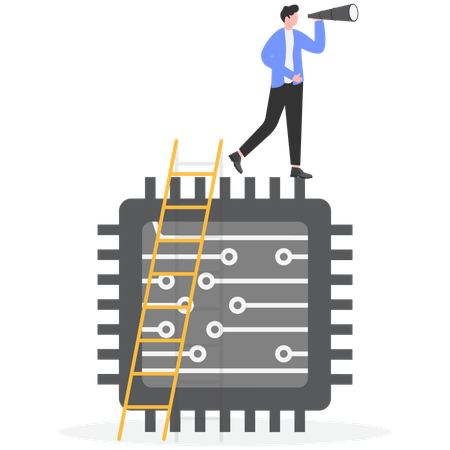 Businessman standing on ai chip while doing ai announcement  Illustration