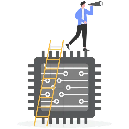 Businessman standing on ai chip while doing ai announcement  Illustration