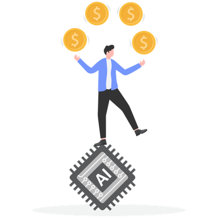 Businessman standing on AI Chip while juggling Dollar coin  Illustration